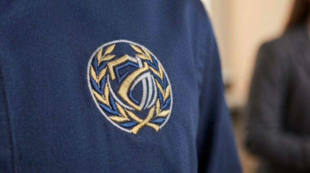 Close-up photograph of high-quality embroidered company logo