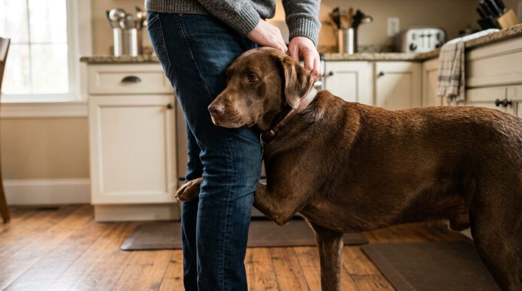 Close-up realistic photo of a brown dog pressing its body ag