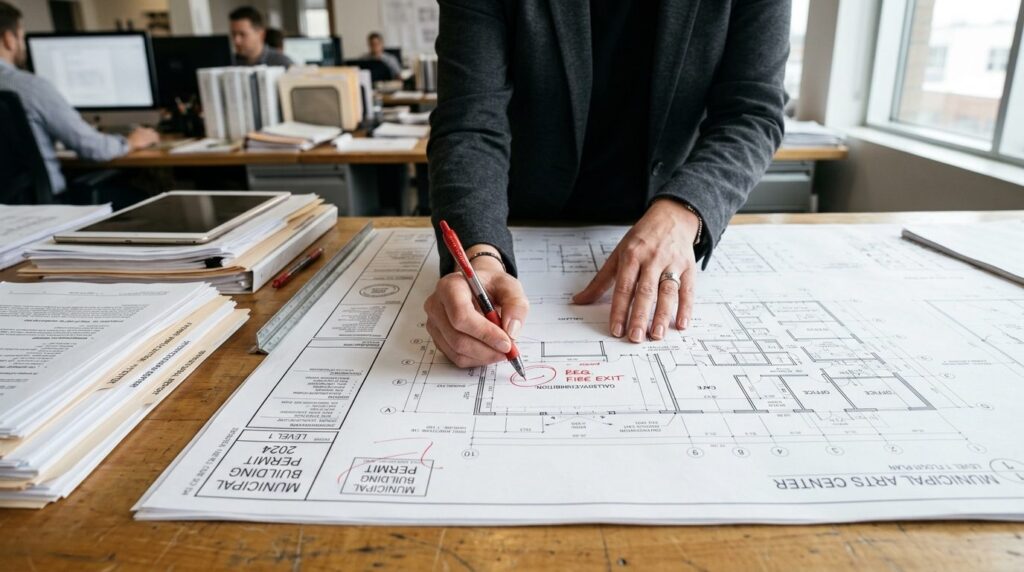 Close-up of architects hands pointing at detailed municipal