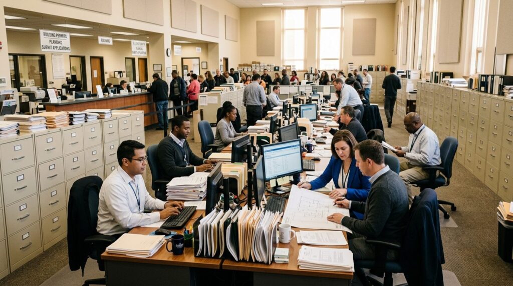 Busy municipal building permit office interior with multiple
