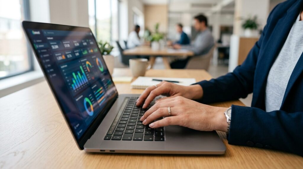 Close-up of a business professionals hands typing on a lapt