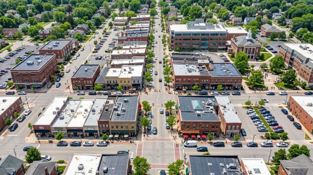 Birds eye view of a local business district or commercial a