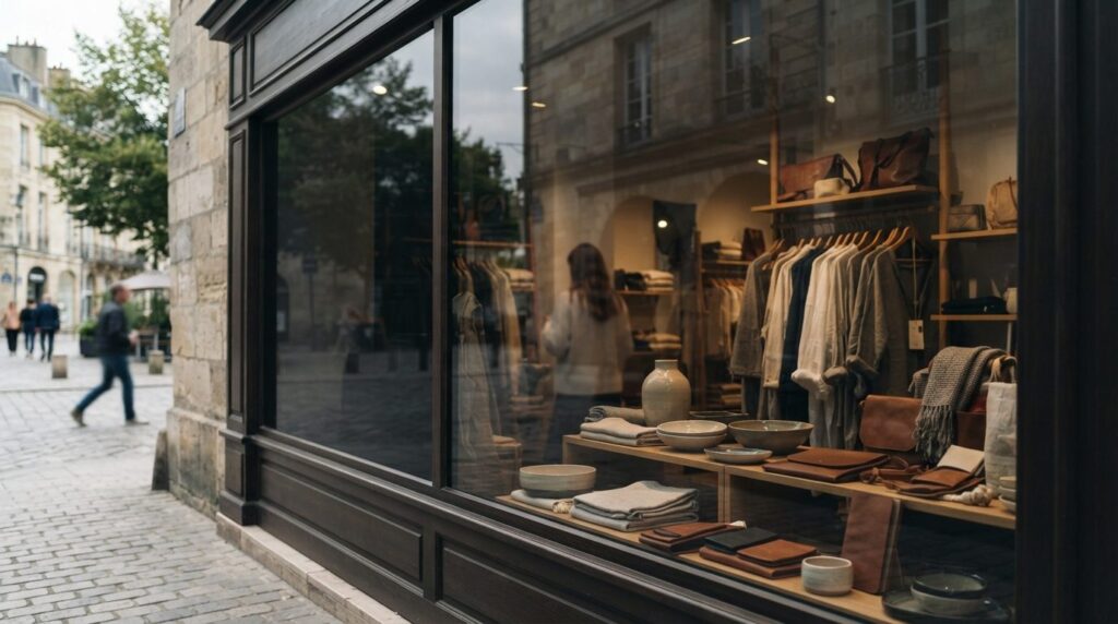 Close-up of a boutique shop window with high-quality solar f