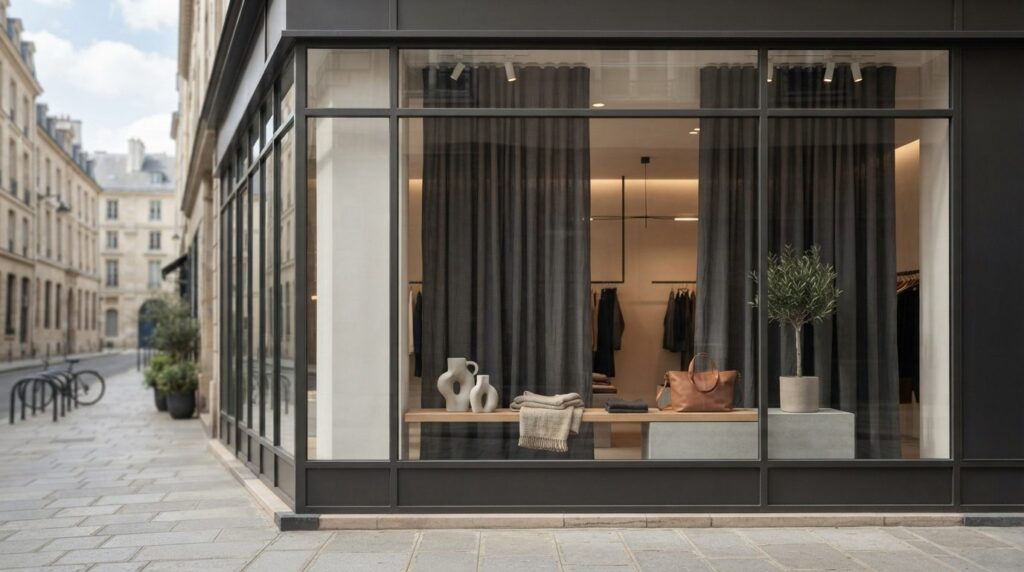 Modern storefront window dressed with professional dark curt