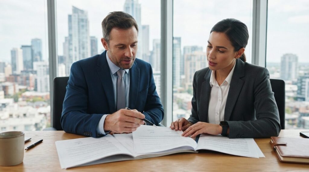 Close-up of a businessman and property manager reviewing lea