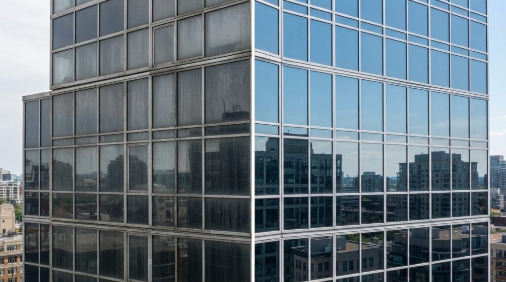 Split screen comparison showing dirty commercial building wi