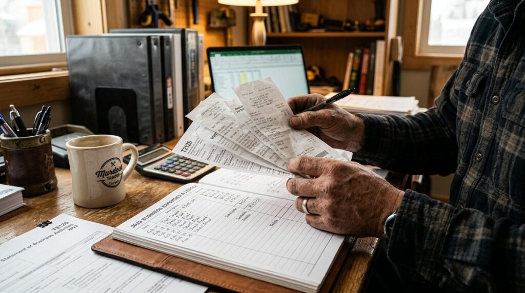 Close-up of a skilled tradesmans hands holding receipts and