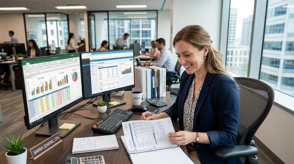 Female bookkeeper or accountant in business casual attire at