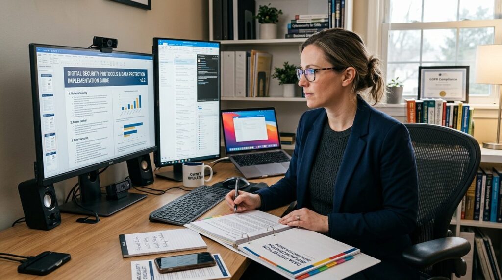 Small business owner at computer workstation reviewing digit