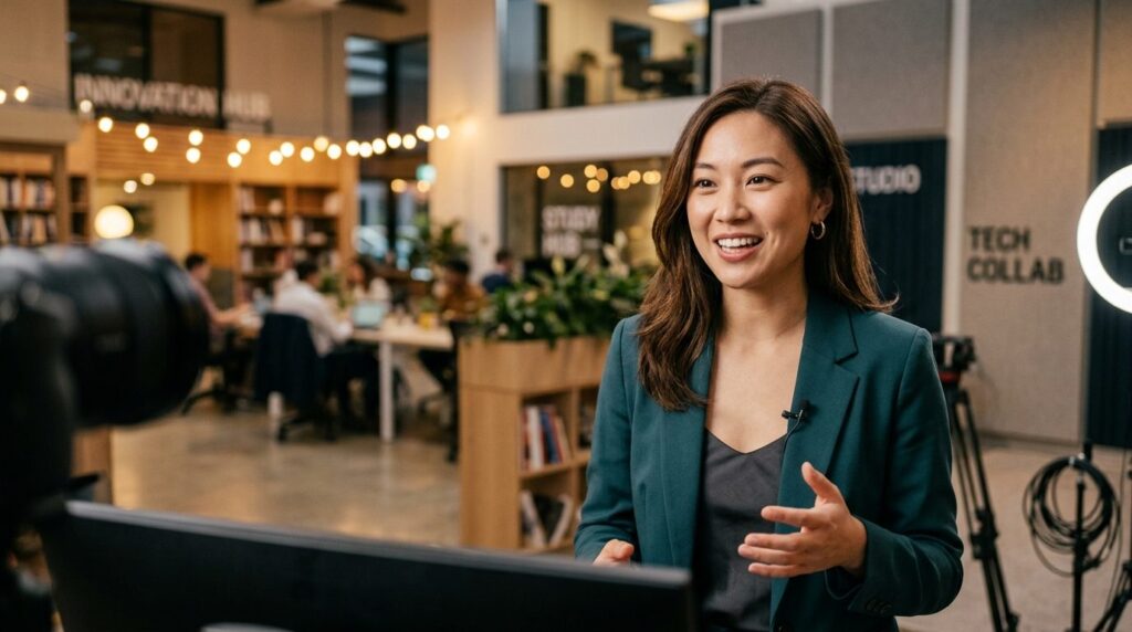 Close-up of a young professional woman speaking confidently 