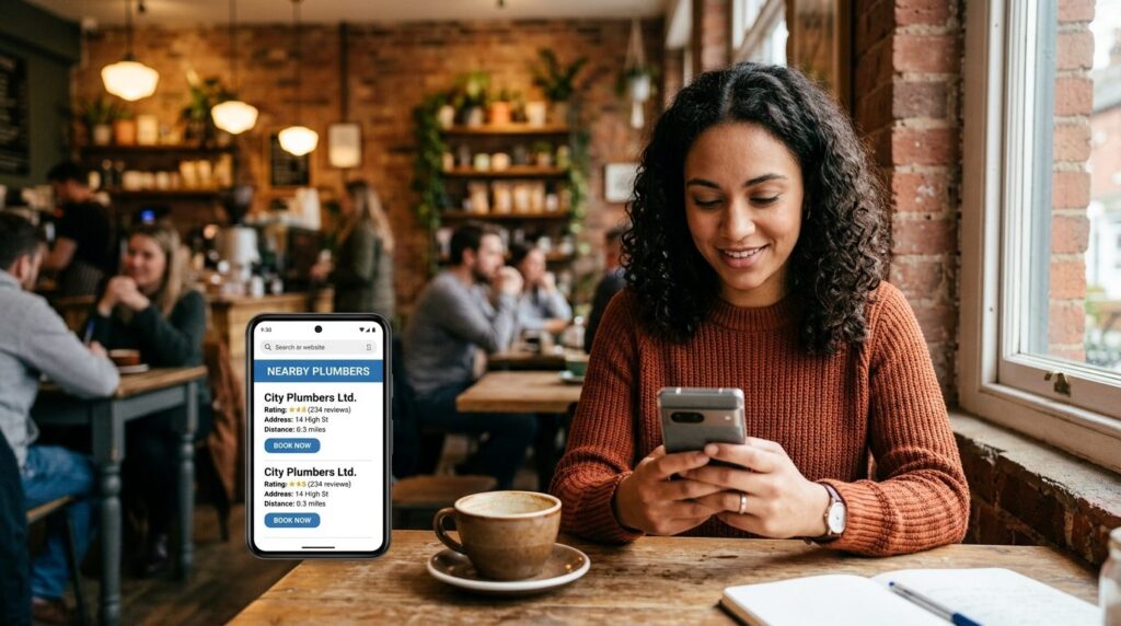 Fotorealistic stock photo of a local customer using a smartp