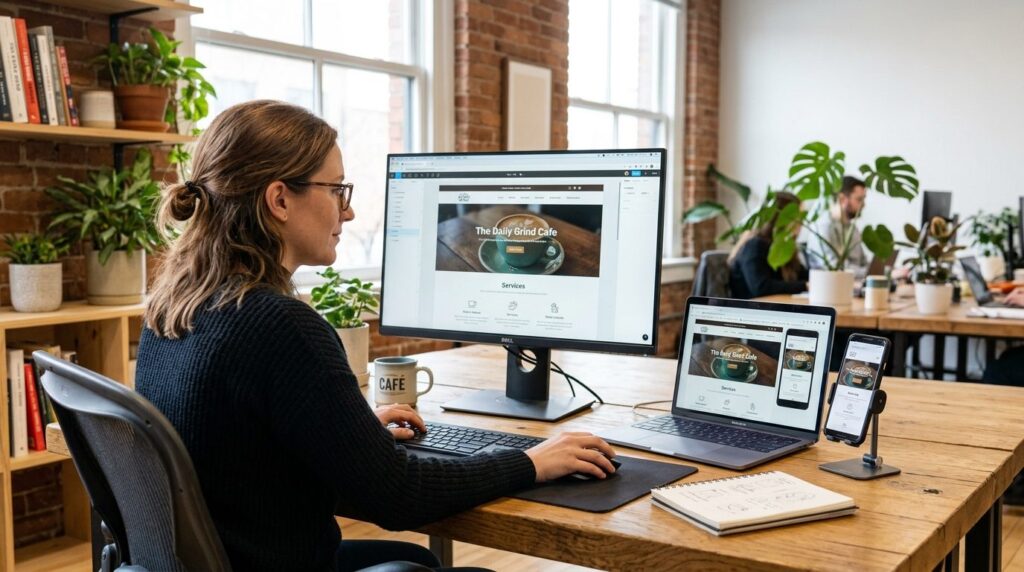 Professional fotorealistic stock photo of a web designer wor
