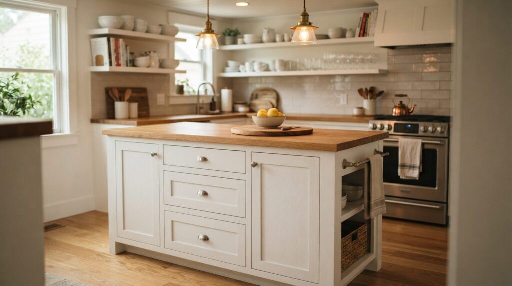 Close-up of a compact shaker kitchen island in a small to me