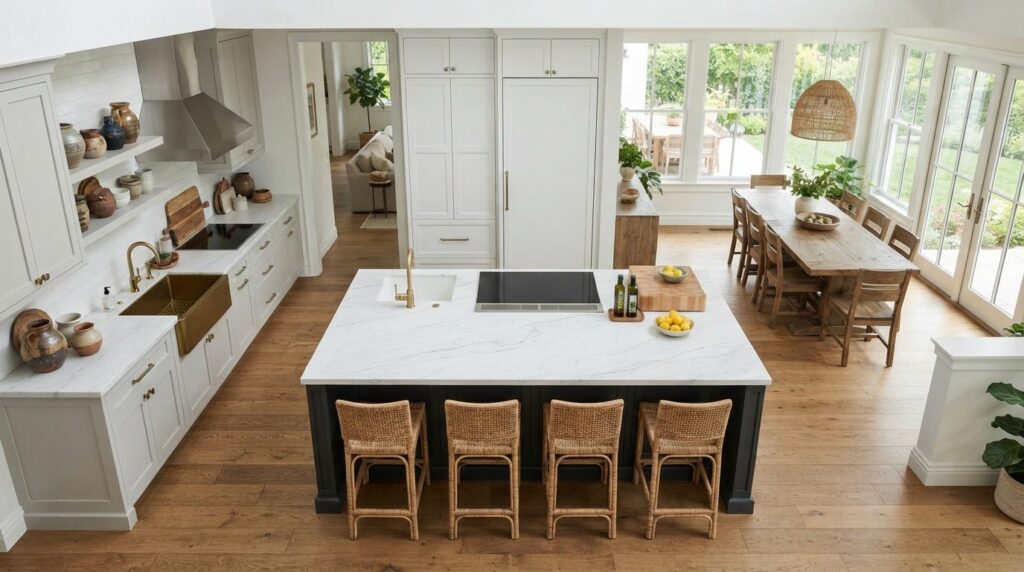 Overhead view of a kitchen island in a residential kitchen l