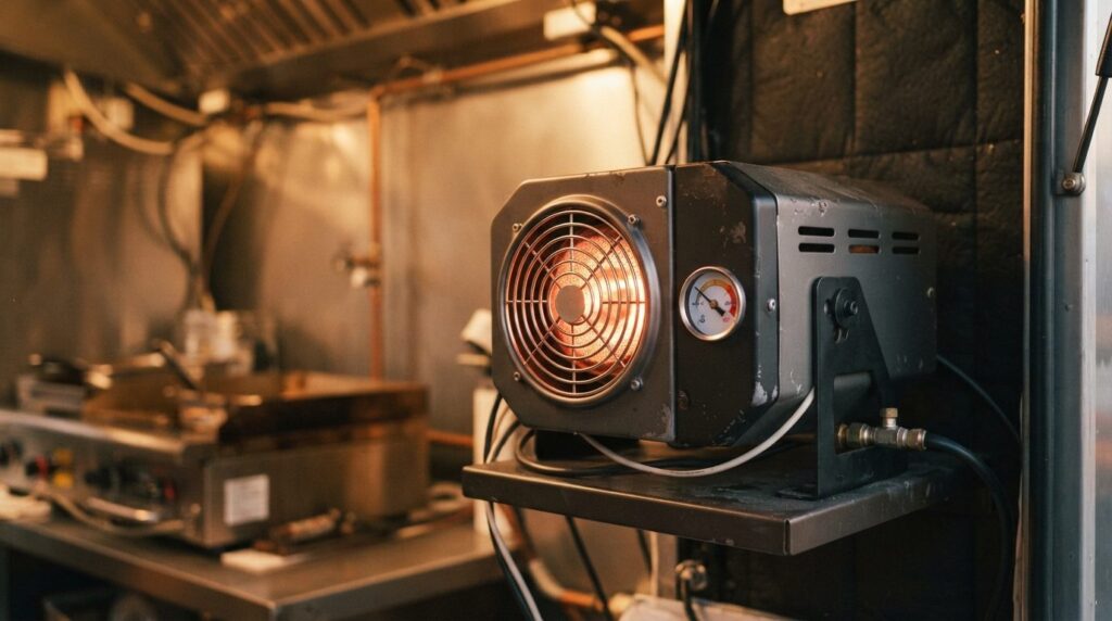 Close-up detail shot of a compact 5kW diesel heater unit ins