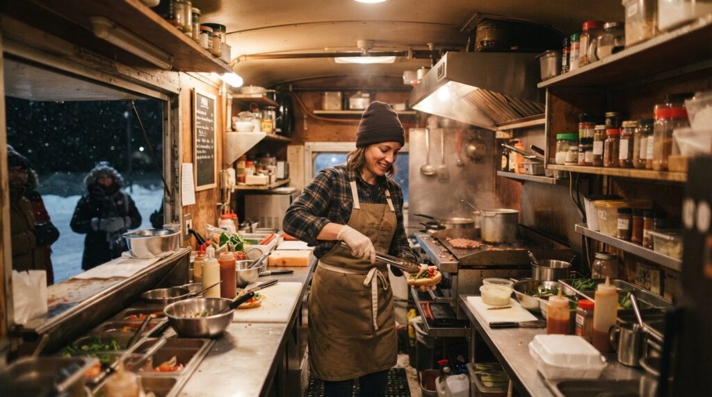 Interior view of a mobile food truck kitchen on a cold winte