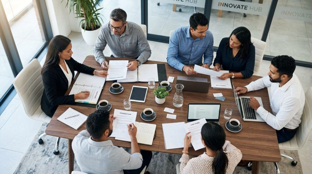 Overhead view of a professional business meeting with multip