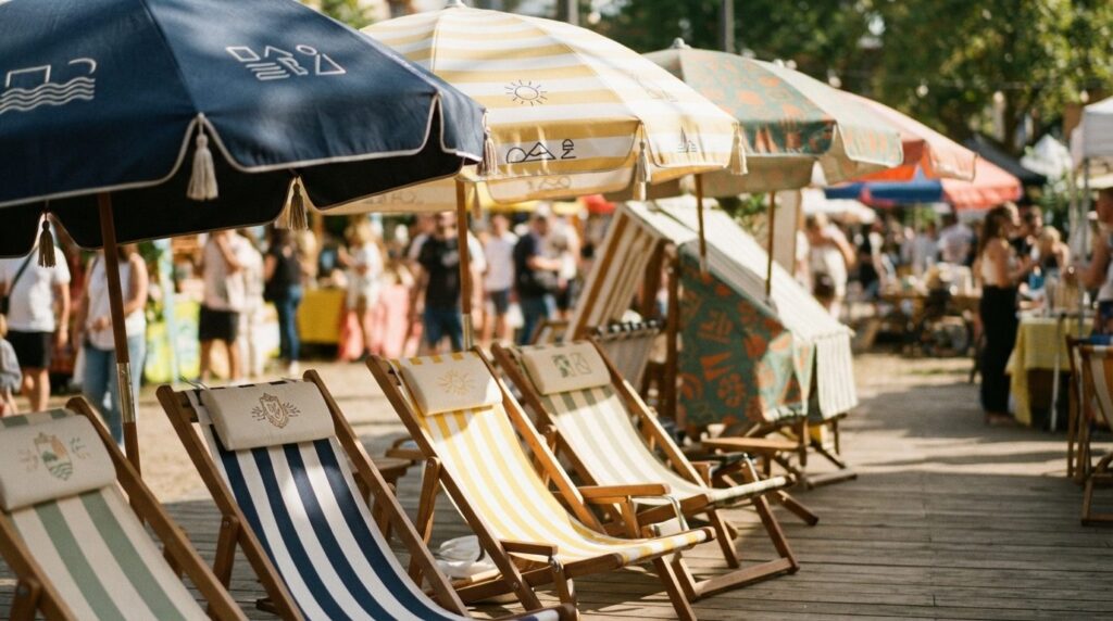 Close-up detail shot of high-quality branded beach umbrellas