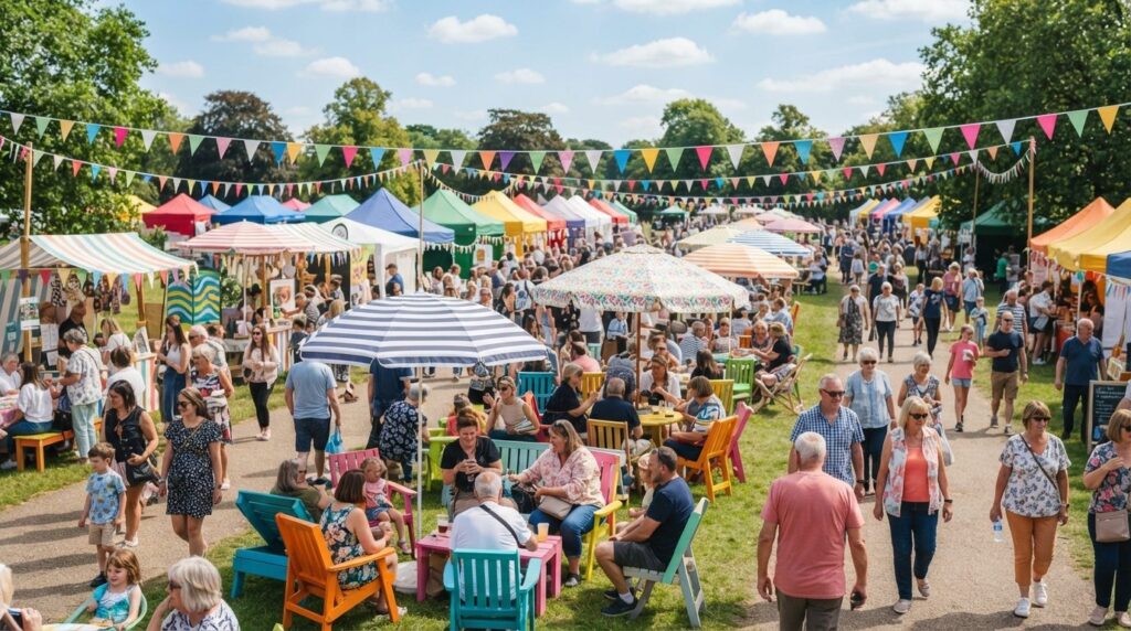 Wide-angle view of a successful community summer festival wi