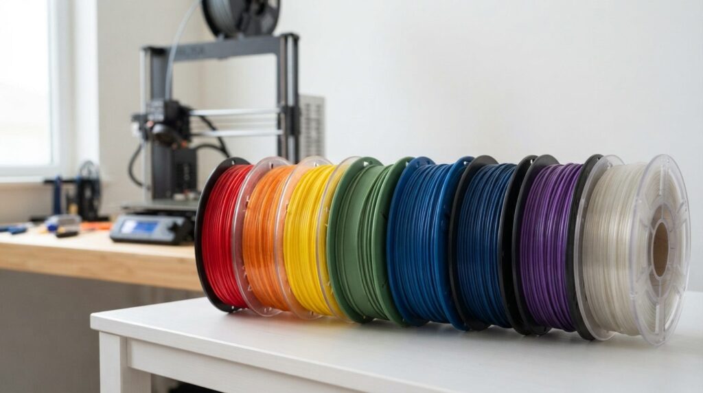 Close-up professional product photograph of colorful PLA fil