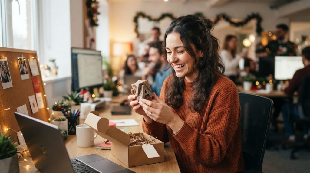 Professional photograph of a female employee unwrapping and 