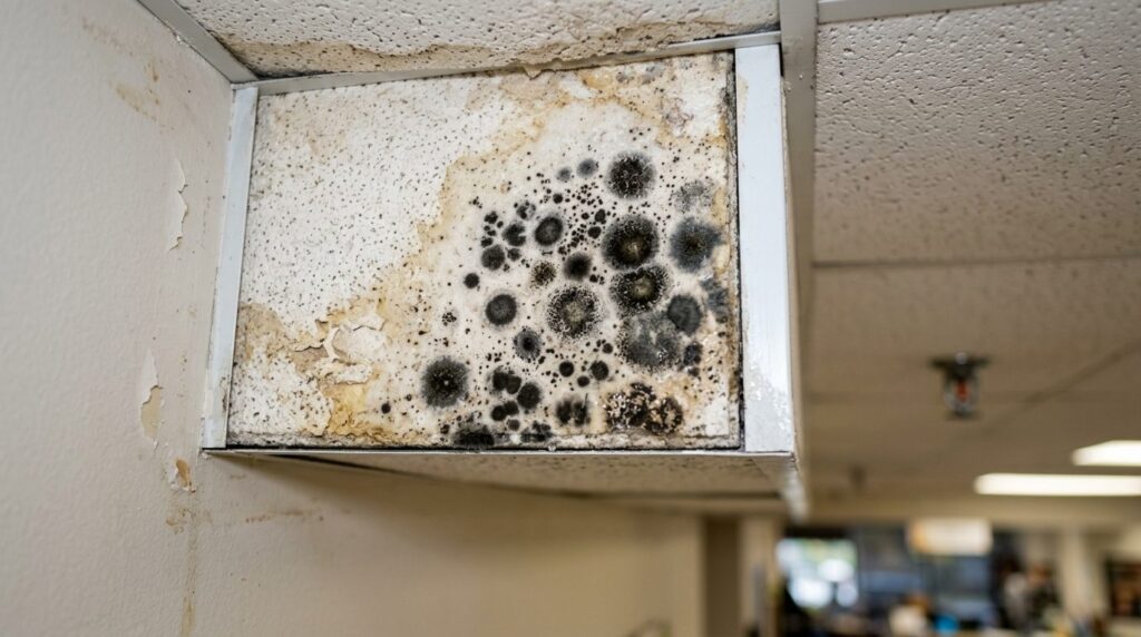 Close-up macro photography of black mold spots on commercial