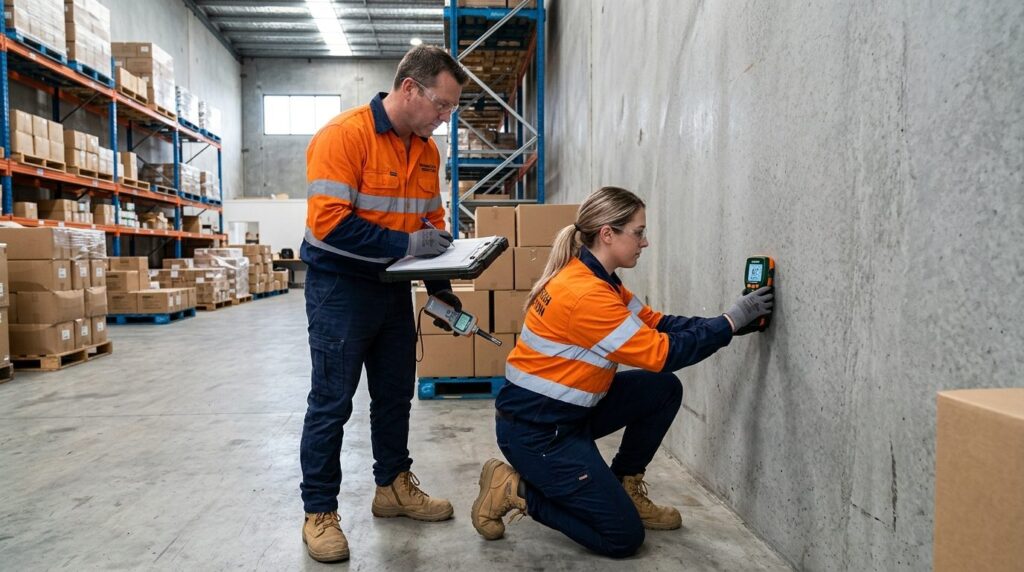 Professional team of two environmental inspectors in safety