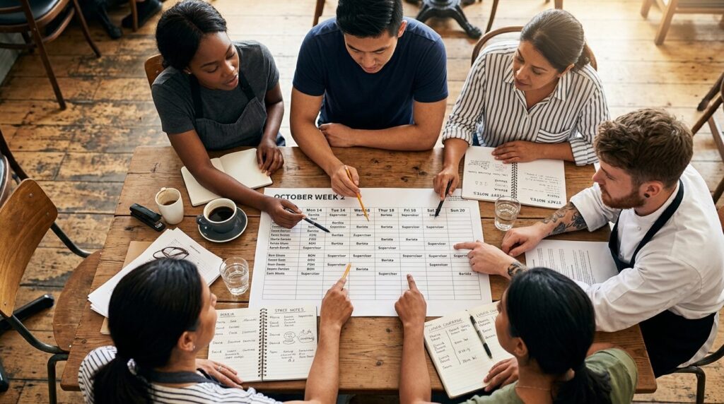 Restaurantpersonale sidder omkring et bord og planlægger arbejdsplan sammen.
