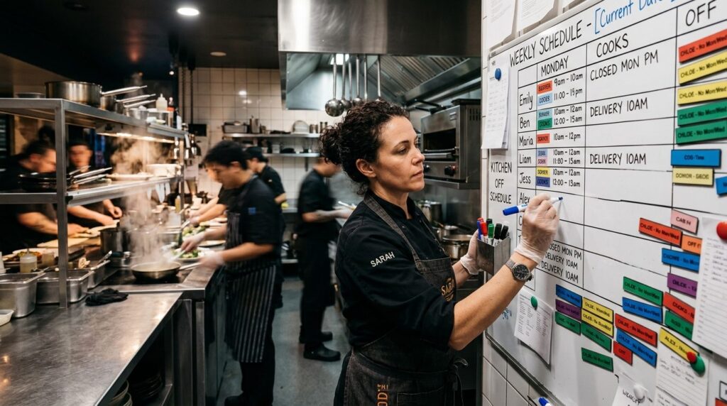 Restaurantleder skriver notater på en tavle, der hænger på væggen.