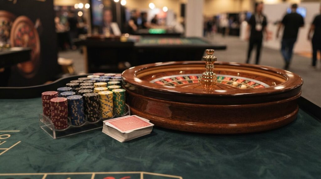 Close-up of professional casino equipment rental display sho