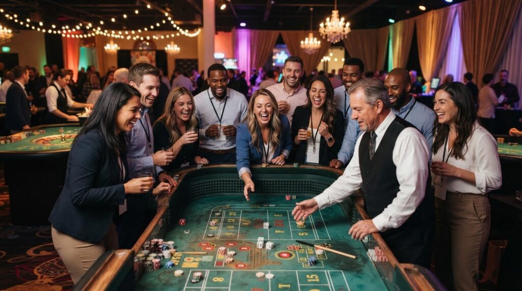 Corporate team building event with employees gathered around