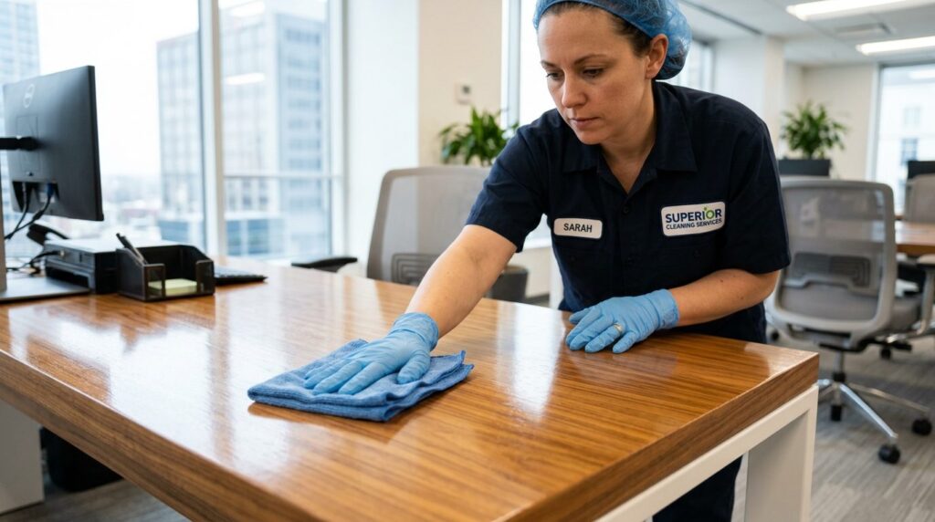 Rengøringsmand i uniform udfører professionelt rengøringsarbejde på tæt hold.