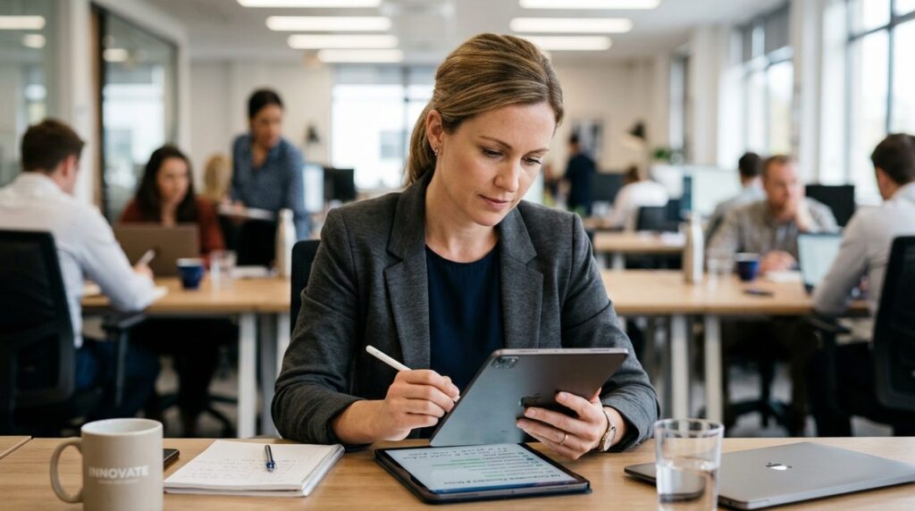 Close-up shot of business owner or HR manager reviewing even