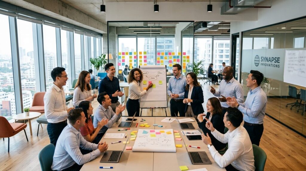 Wide angle view of employees engaged in interactive team act