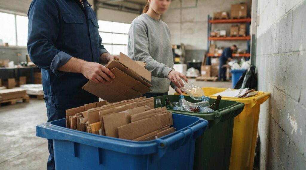 Close-up photograph of business neighbors sorting cardboard 