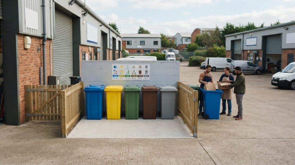 Wide-angle photograph of a well-managed shared waste area be