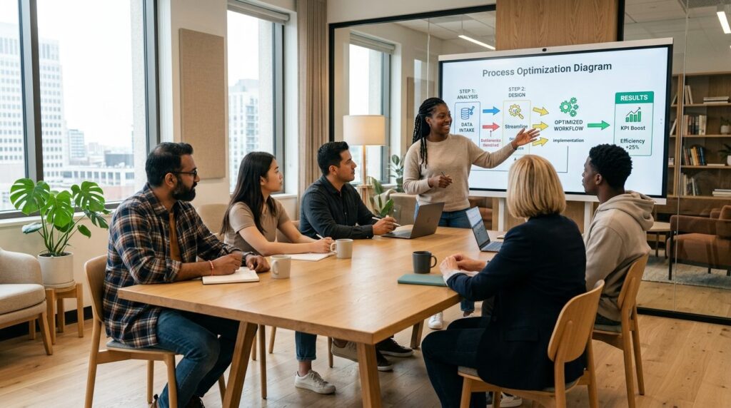 Diverse group of small business employees in casual meeting 