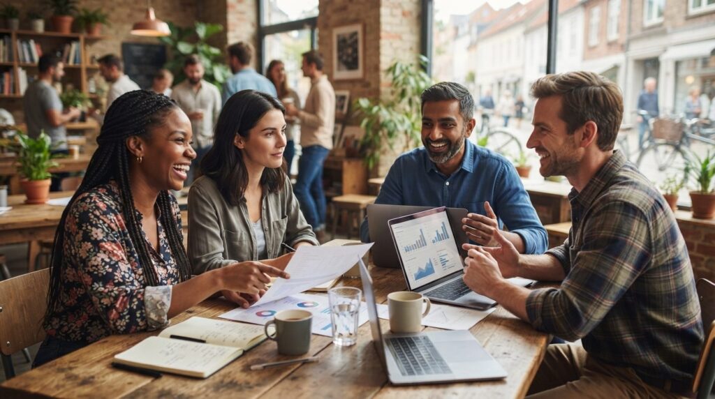 Photorealistic image of a diverse group of local business ow