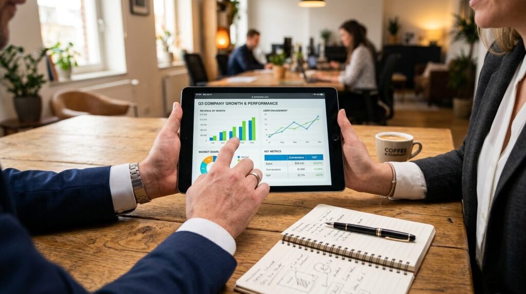 Hænder holder tablet med forretningsdata på skærmen.