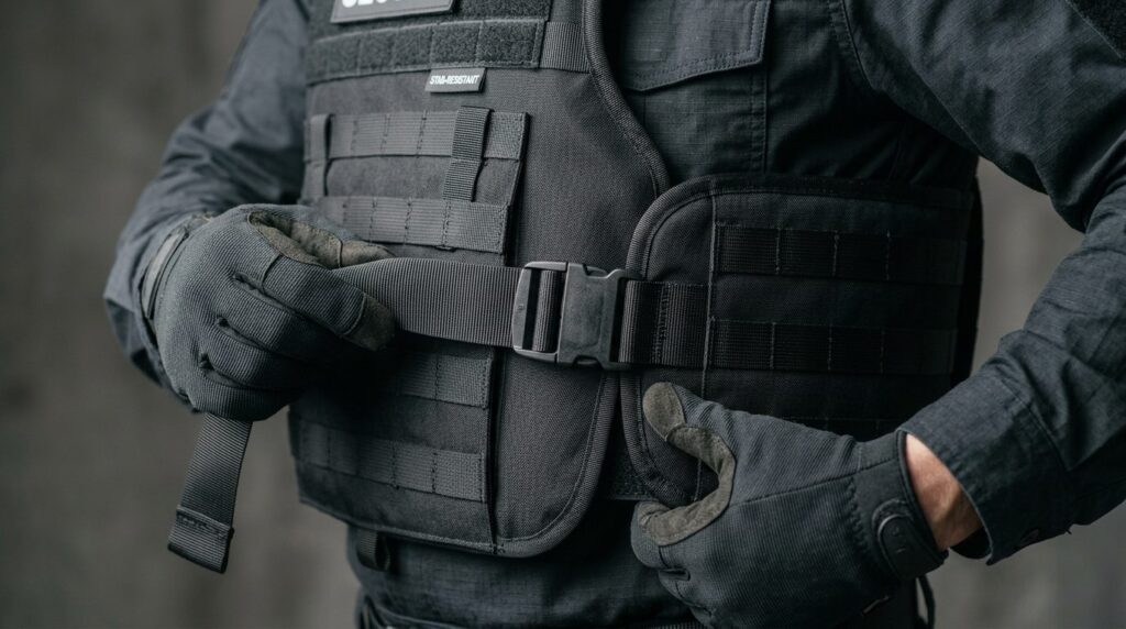 Close-up detail shot of a security professional adjusting a