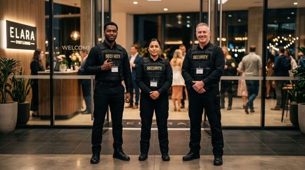 Group of three professional doormen and security personnel i