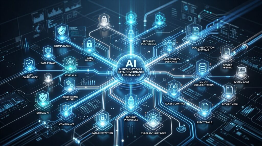 Abstrakt digital visualisering af AI-regulering og datastyrring.