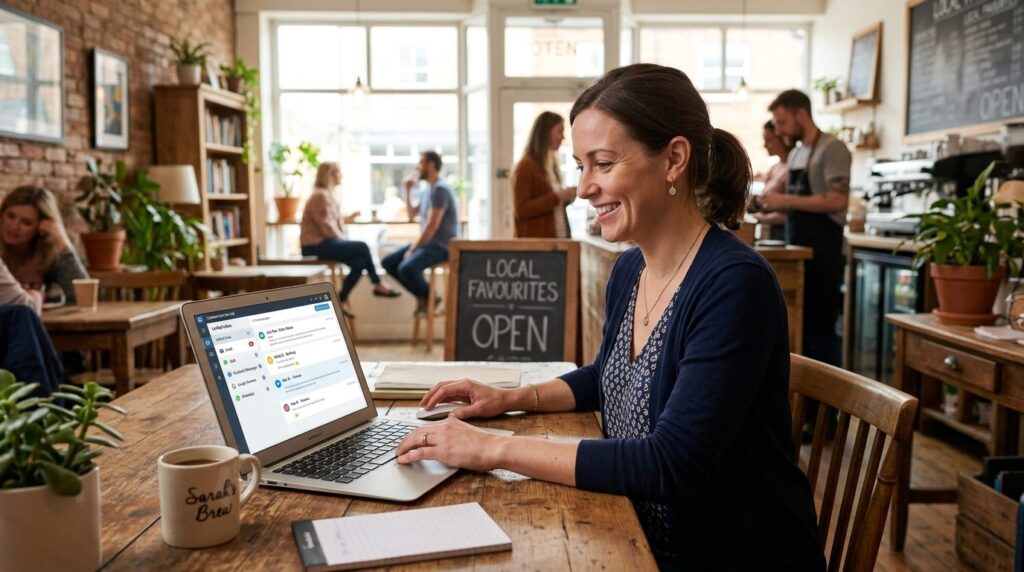Wide-angle view of a local business owner smiling while work